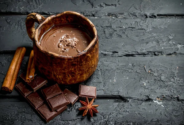 Hot Chocolate Cinnamon Sticks Black Rustic Background — Stock Photo, Image