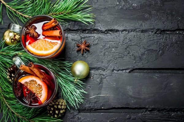 Christmas Hot Mulled Wine Black Rustic Background — Stock Photo, Image