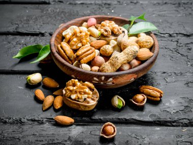 Kase fındık farklı türleri. Rustik siyah arka plan üzerine.