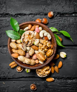 Kase fındık farklı türleri. Rustik siyah arka plan üzerine.