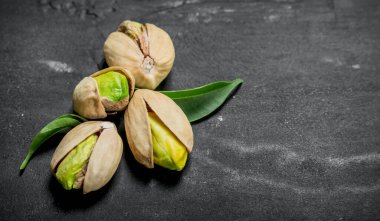 Yaprakları ile Antep fıstığı. Rustik siyah arka plan üzerine.