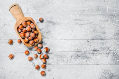 Fındık Kepçe içinde. Rustik bir arka plan üzerinde.