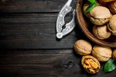 Kabuklu ceviz ile bir Fındıkkıran. Ahşap bir arka plan üzerinde.