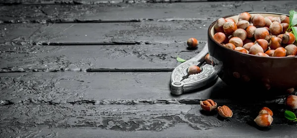 ヘーゼル ナッツは くるみ割り人形 ボウル 黒の素朴な背景に — ストック写真