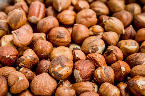 Stock image The texture of the shelled hazelnuts. Selective focus.