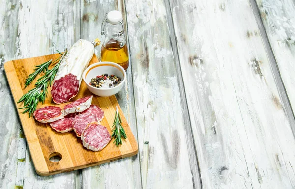 Smoked Salami Rosemary Spices Rustic Background — Stock Photo, Image