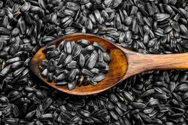 Ayçiçeği tohumu bir tahta kaşıkla. Üstten Görünüm.