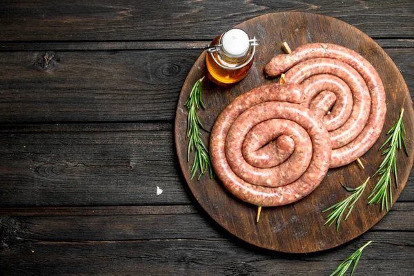 Raw Sausages Herbs Wooden Board Wooden Background — Stock Photo, Image