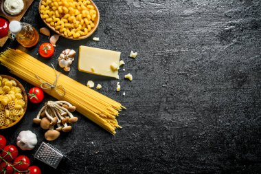 Parmesan, mantar ve domates ile çiğ hamur farklı türleri. Siyah rustik arka plan üzerinde