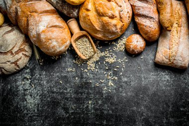 Tahıl ile taze ekmek türleri aralığı. Koyu rustik arka plan üzerinde