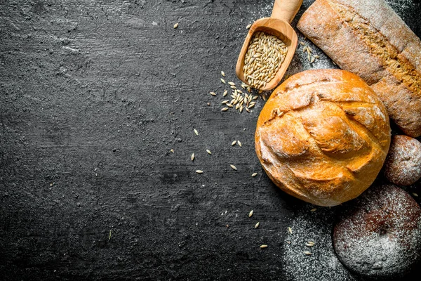 stock image Various types of bread with grain. On black rustic background