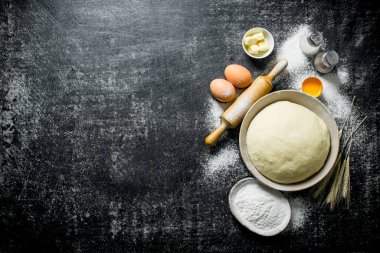 Un, yumurta ve tereyağı ile kasede Hamur. Koyu rustik arka plan üzerinde