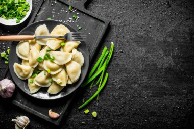 Yeşil soğan ve sarımsak ile bir tabak tabak tabaktabak üzerinde Köfte. Siyah rustik arka plan üzerinde