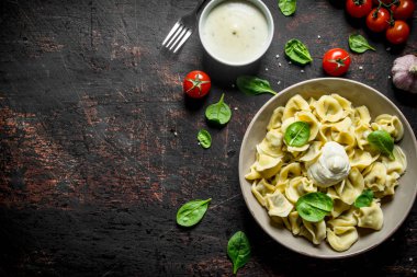 Ispanak, ekşi krema ve domates ile Köfte. Koyu rustik arka plan üzerinde