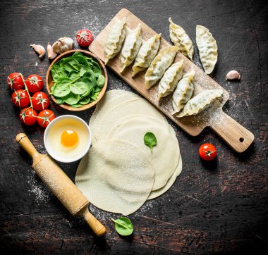 Kiraz domates, yumurta ve ıspanak ile çiğ gedza köfte. Koyu rustik arka plan üzerinde