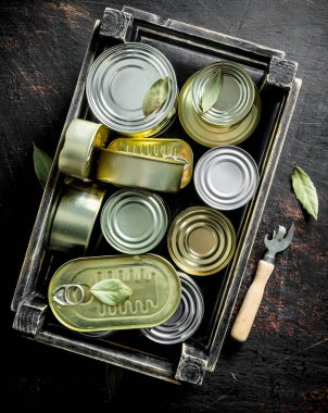 Bir açıcı ile bir kutu içinde konserve yiyecek kapalı kutu. Koyu rustik arka plan üzerinde