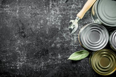 Konserve açacağı ve Bay yaprağı ile çeşitli konserve çeşitleri. Koyu rustik arka plan üzerinde