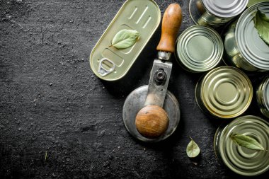 Konserve gıda ile kapalı konserve konserve çeşitleri. Siyah rustik arka plan üzerinde