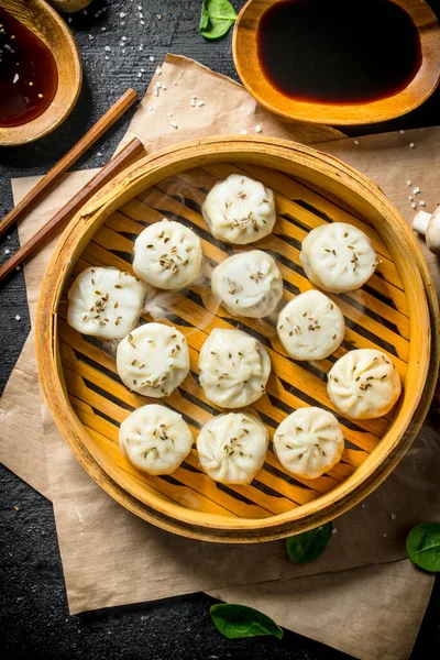Traditional Food Dumplings Manta Soy Sauce Bowls Top View — Stock Photo, Image