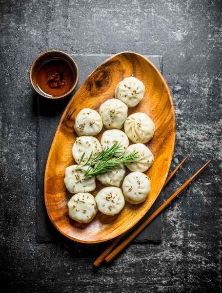 Freshly Cooked Dumplings Manta Plate Rosemary Dark Rustic Background — Stock Photo, Image