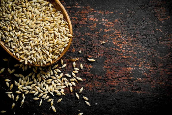 stock image Grain of wheat in a bowl. On dark rustic background