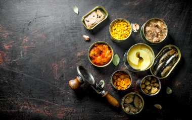 Konservelerde çeşitli konserve ler. Koyu rustik arka plan üzerinde