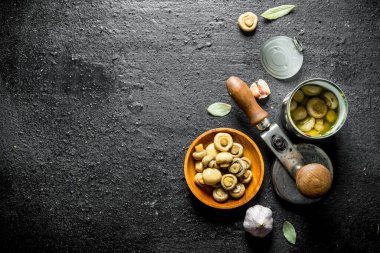 Konserve mantar bir konserve bir konserve ve sarımsak bir tabak üzerinde. Siyah rustik arka plan üzerinde