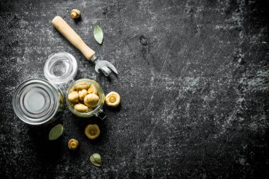 Kapalı bir konserve ve açık cam kavanozda konserve mantar. Koyu rustik arka plan üzerinde