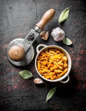 Kokulu konserve bal agaric. Koyu rustik arka plan üzerinde