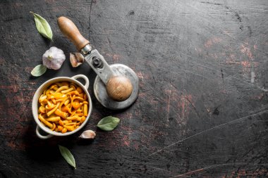 Kokulu konserve bal agaric. Koyu rustik arka plan üzerinde