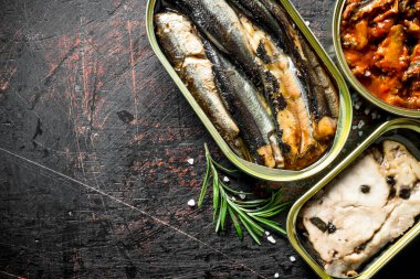 Biberiye konservesi konserve balık. Koyu rustik arka plan üzerinde