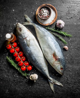 Baharat, biberiye ve sarımsak karanfil ile çiğ balık. Siyah rustik arka plan üzerinde