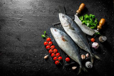 Bıçaklı çiğ balık, domates ve maydanoz. Siyah rustik arka plan üzerinde