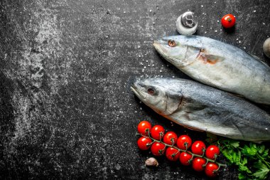 Bir şişe sarımsak, otlar ve yağ ile çiğ balık. Koyu rustik arka plan üzerinde