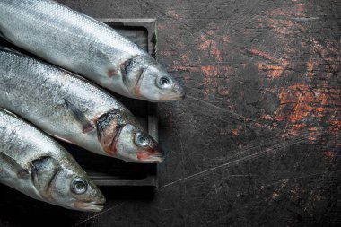 Kesme Tahtası'nda çiğ balık. Koyu rustik arka plan üzerinde