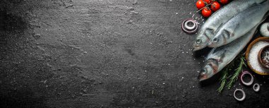 Bir dalüzerinde baharat ve domates ile taze çiğ levrek. Siyah rustik arka plan üzerinde