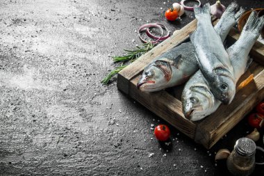 Biberiyeli bir tepside çiğ balık levreği. Siyah rustik arka plan üzerinde