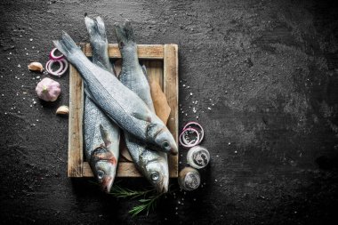 Baharat, sarımsak ve doğranmış soğan ile tepside çiğ levrek balık. Siyah rustik arka plan üzerinde