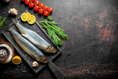 Domates, limon ve dereotu ile tuzlu ringa balığı. Koyu rustik arka plan üzerinde