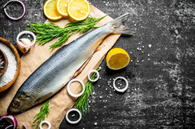 Limon, soğan ve otlar dilimleri ile lezzetli tuzlu ringa balığı. Koyu rustik arka plan üzerinde