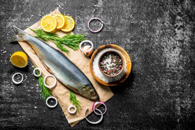 Baharat, soğan ve limon ile kağıt üzerinde tuzlu ringa balığı. Koyu rustik arka plan üzerinde