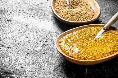 Kaşıklarla tabakta hardal. Siyah rustik arka plan üzerinde