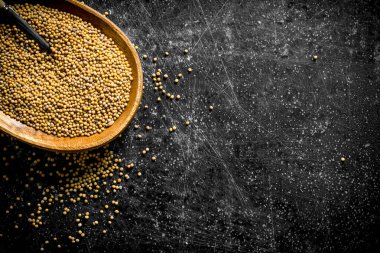 Kaşıkla tahta bir tabakta hardal. Koyu rustik arka plan üzerinde