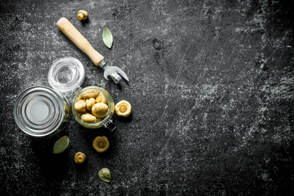 Kapalı bir konserve ve açık cam kavanozda konserve mantar. Koyu rustik arka plan üzerinde