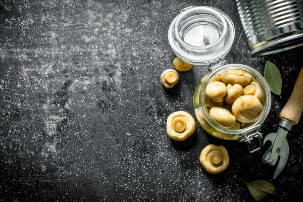 Cam bir kavanozda konserve mantar. Koyu rustik arka plan üzerinde