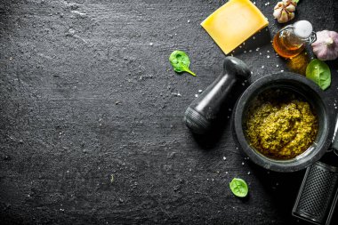 Zeytinyağı, Parmesan ve sarımsak ile Pesto sosu. Siyah rustik arka plan üzerinde