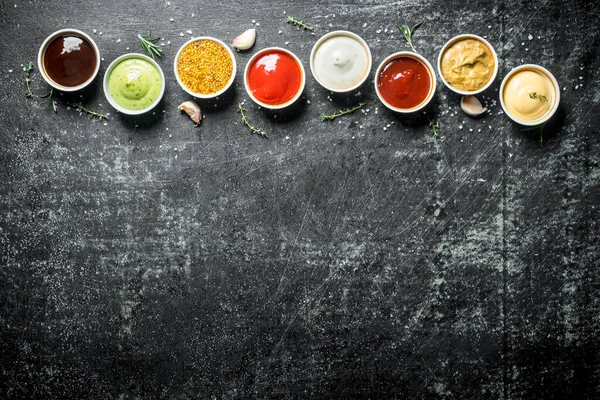Variations Different Types Sauces Dark Rustic Background — Stock Photo, Image