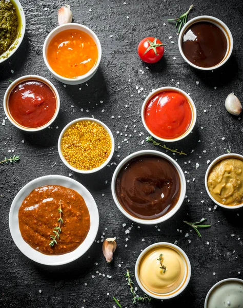 Different Kinds Sauces Bowls Black Rustic Background — Stock Photo, Image