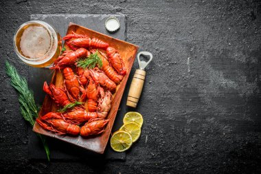 Bira, dereotu ve dilimlenmiş limon ile bir taş tahta üzerinde bir tabakta Haşlanmış kerevit. Siyah rustik arka plan üzerinde
