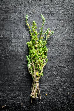 Bir demet taze kekik. Siyah rustik arka plan üzerinde